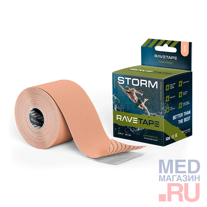 

Кинезиотейп Ravetape Storm RVTS-55, 5м, голубой