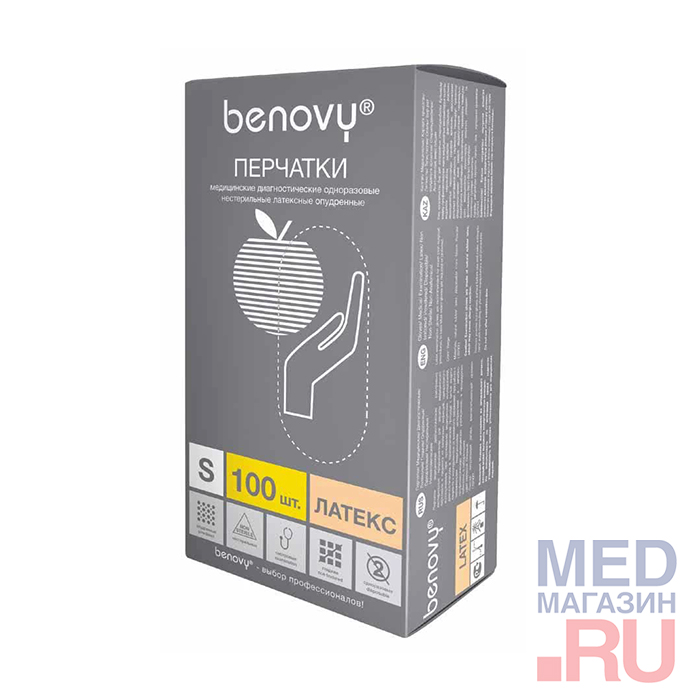 

Перчатки латексные смотровые опудренные гладкие Benovy
